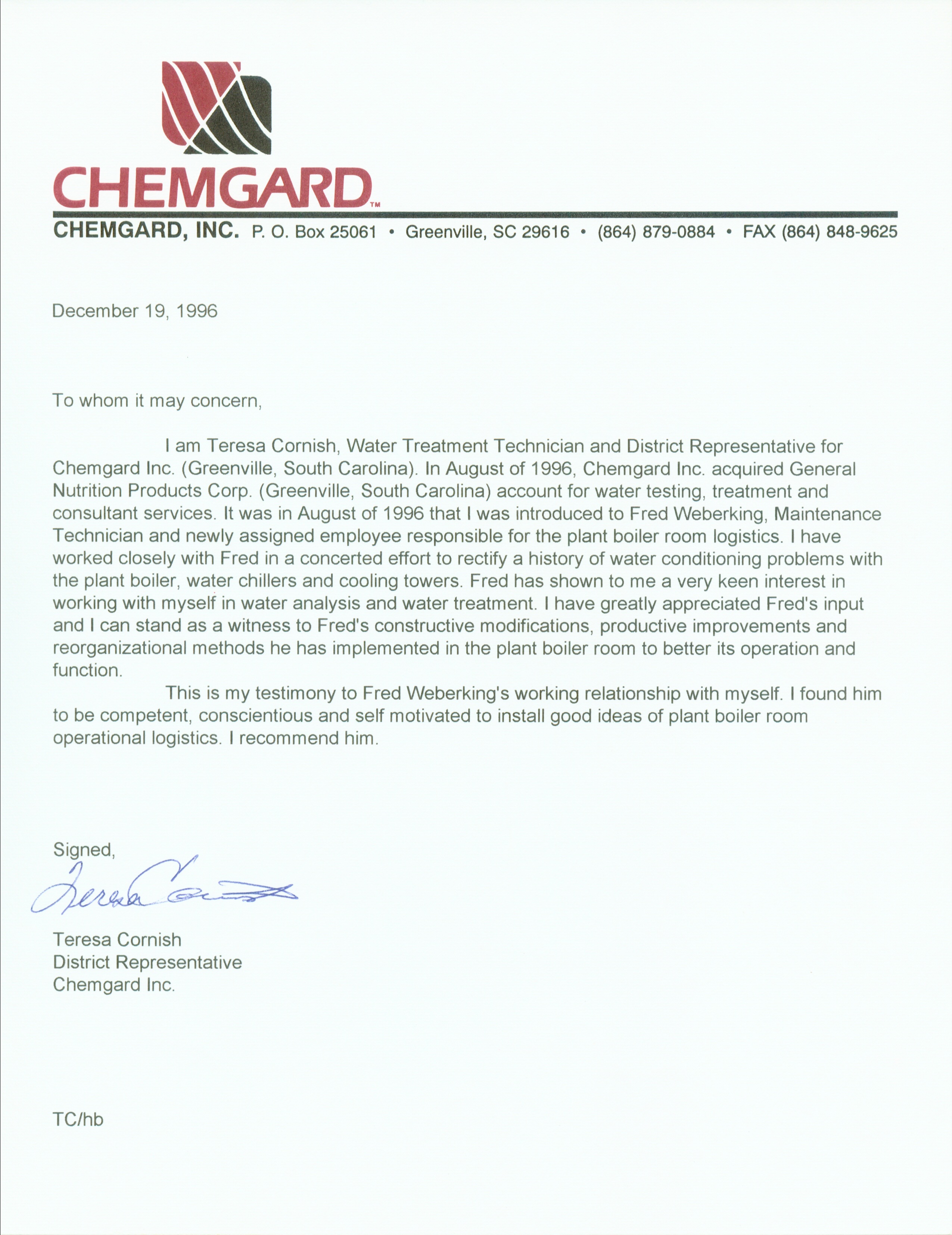 Reference Letter Chemgard - Teresa Cornish