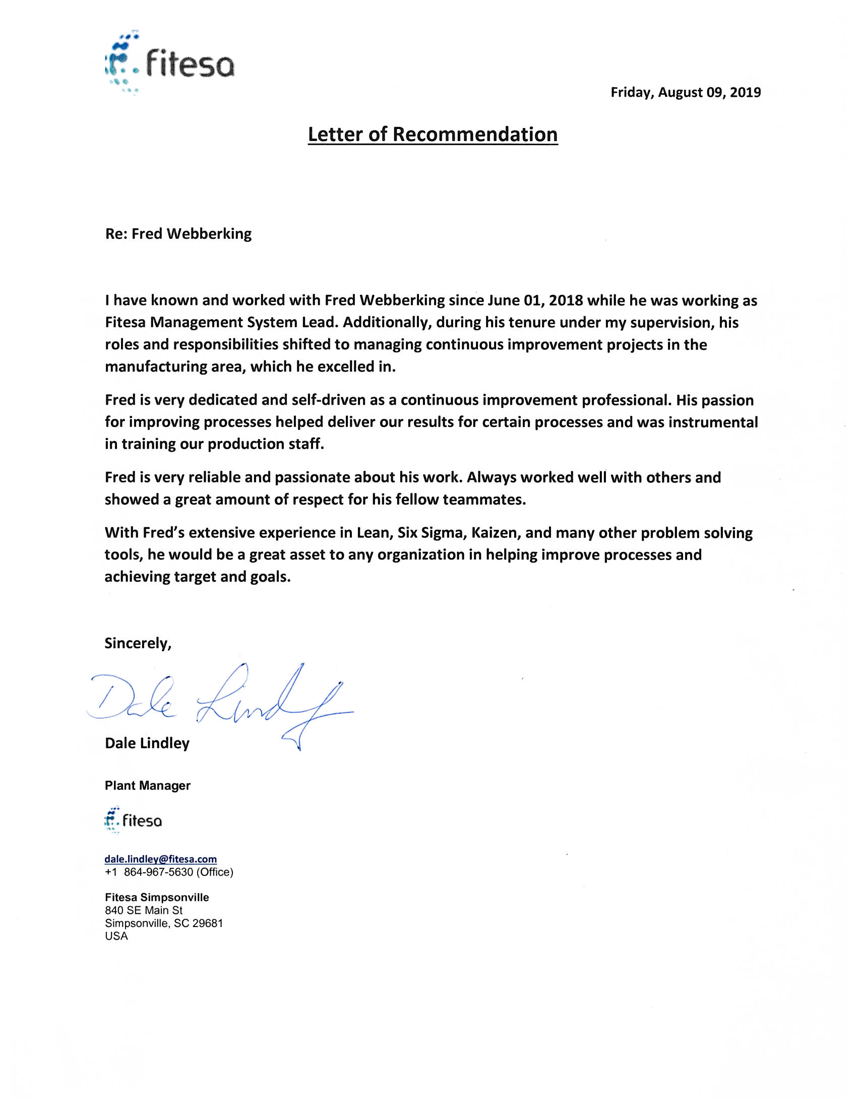 Reference Letter - Fitesa - Dale Lindley