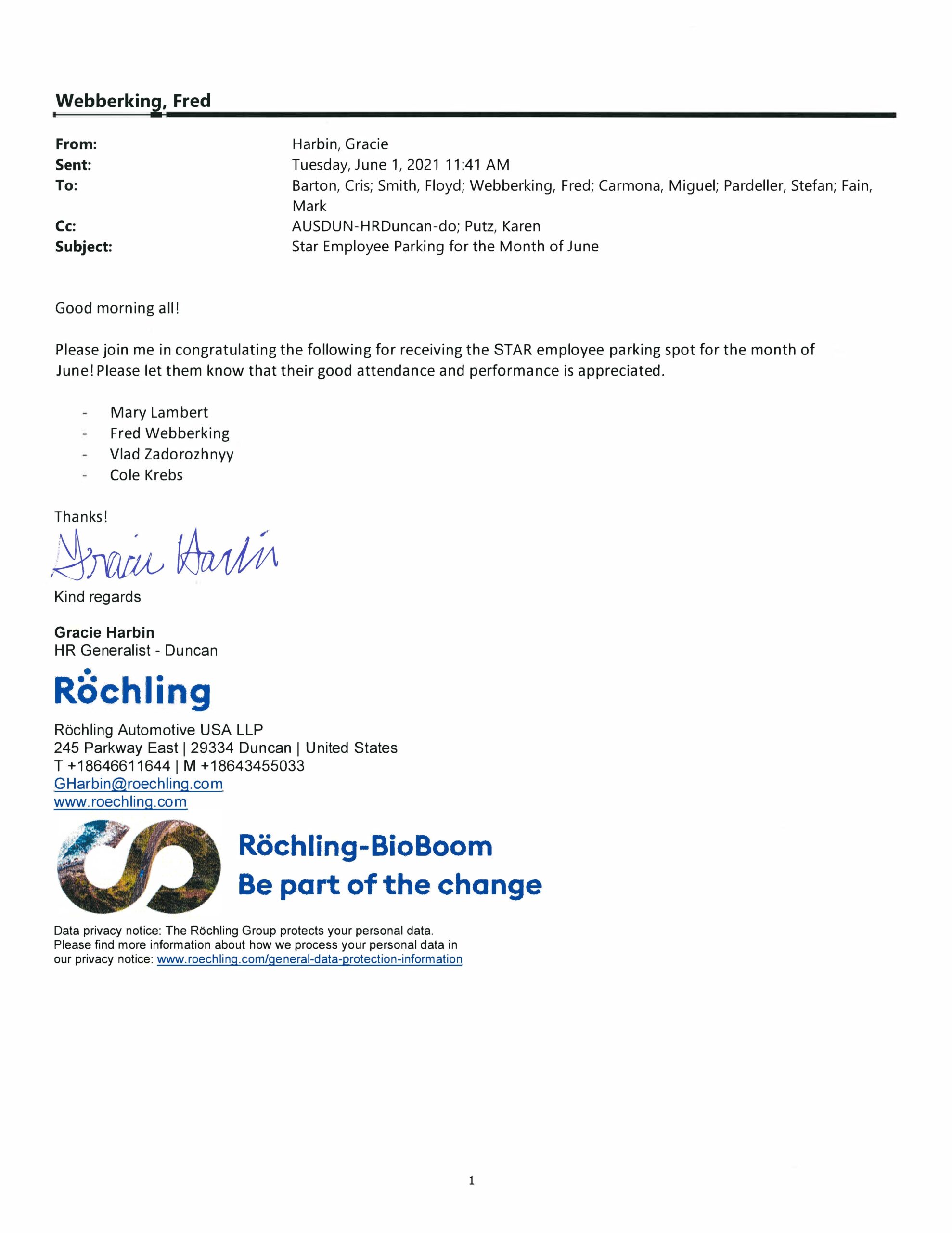 Reference Letter - Roechling - Gracie Harbin