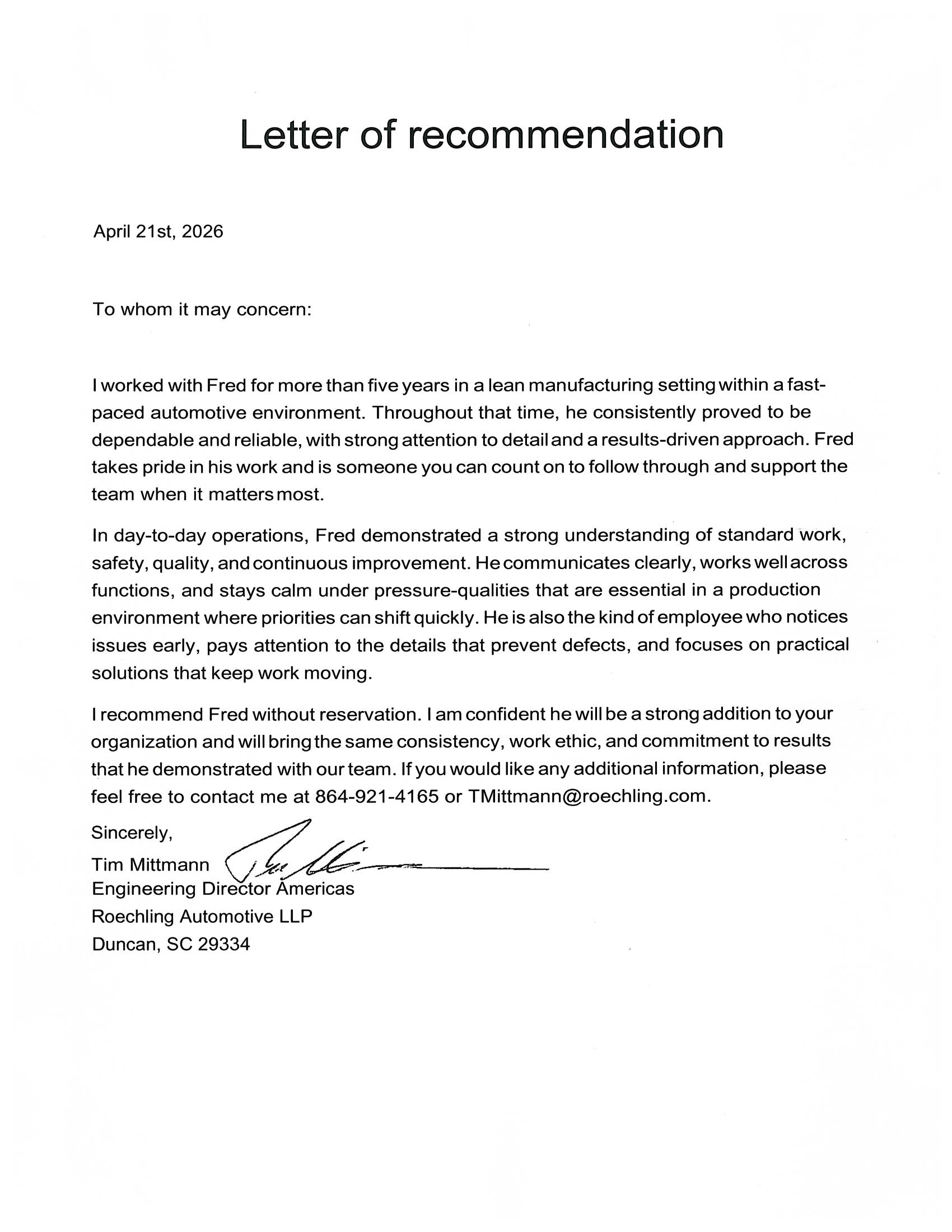 Reference Letter - Roechling - Tim Mittmann