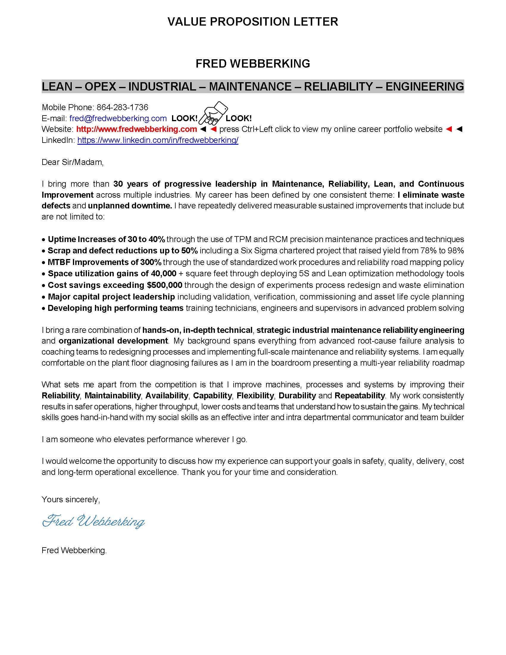 Fred Webberking_Value Proposition Letter