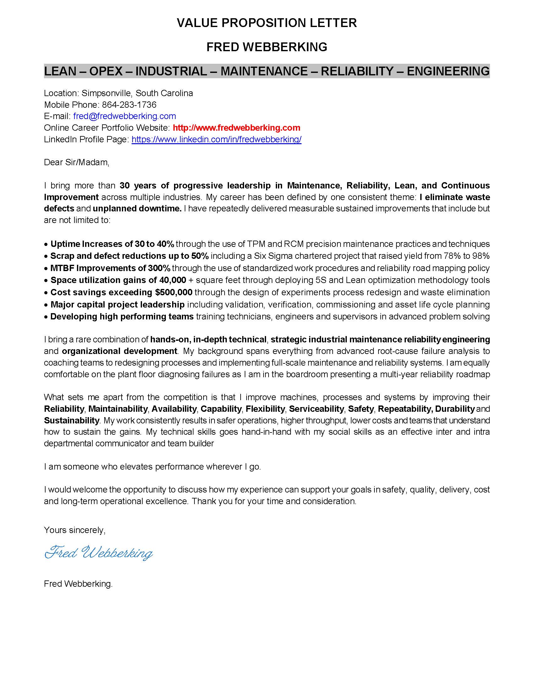 Fred Webberking_Value Proposition Letter
