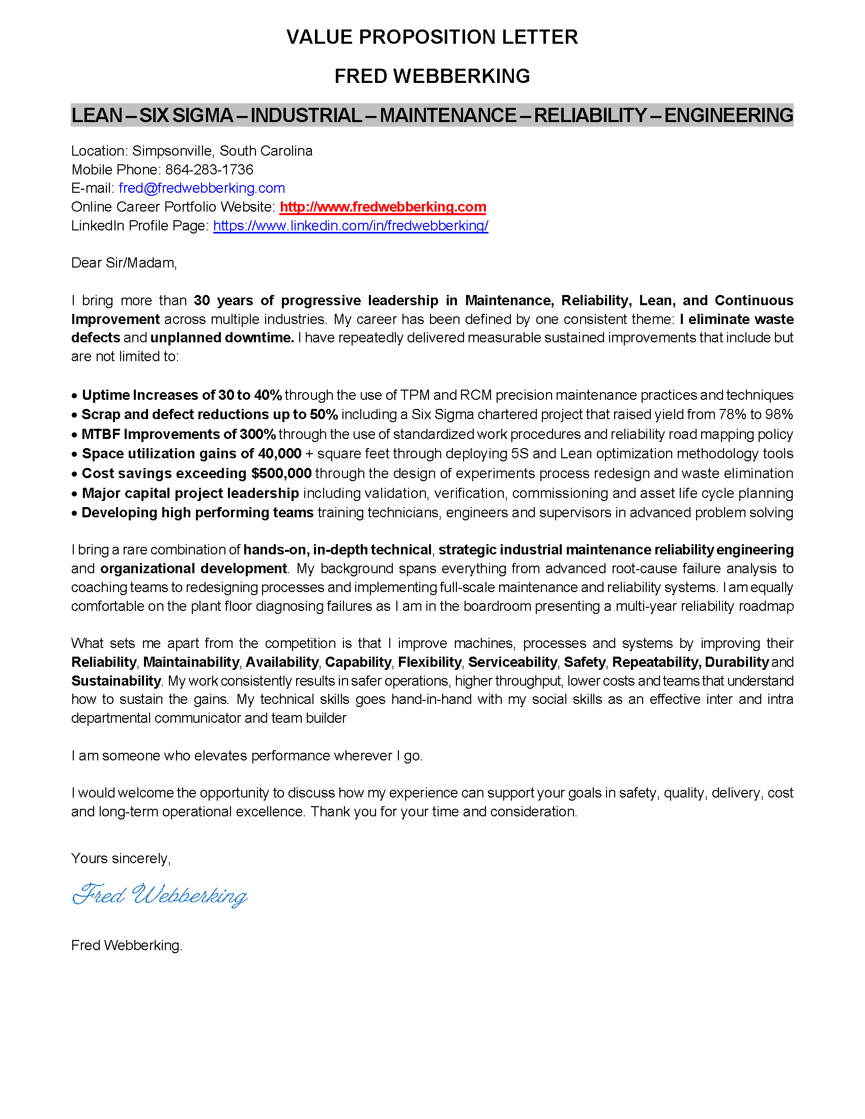 Fred Webberking_Value Proposition Letter